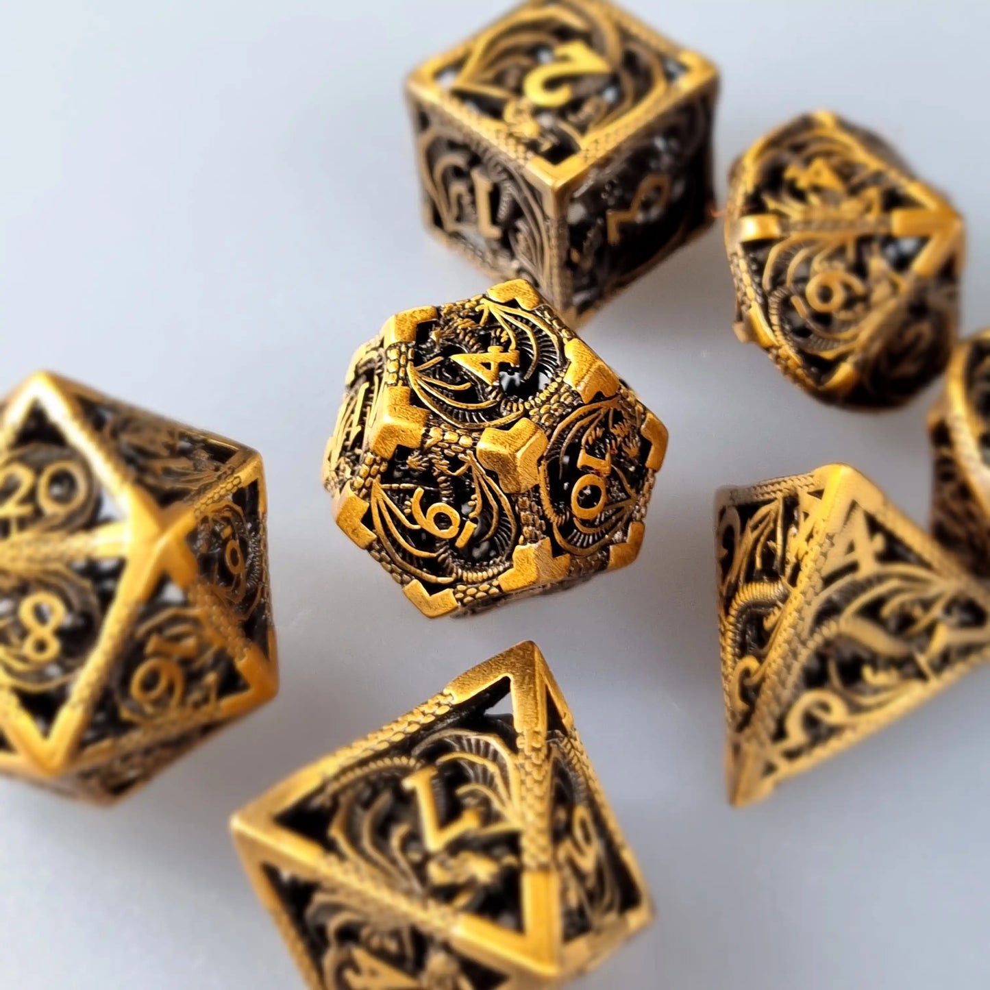 Vintage Brass Dragon Metal DnD Dice Set DiceBag.co.uk