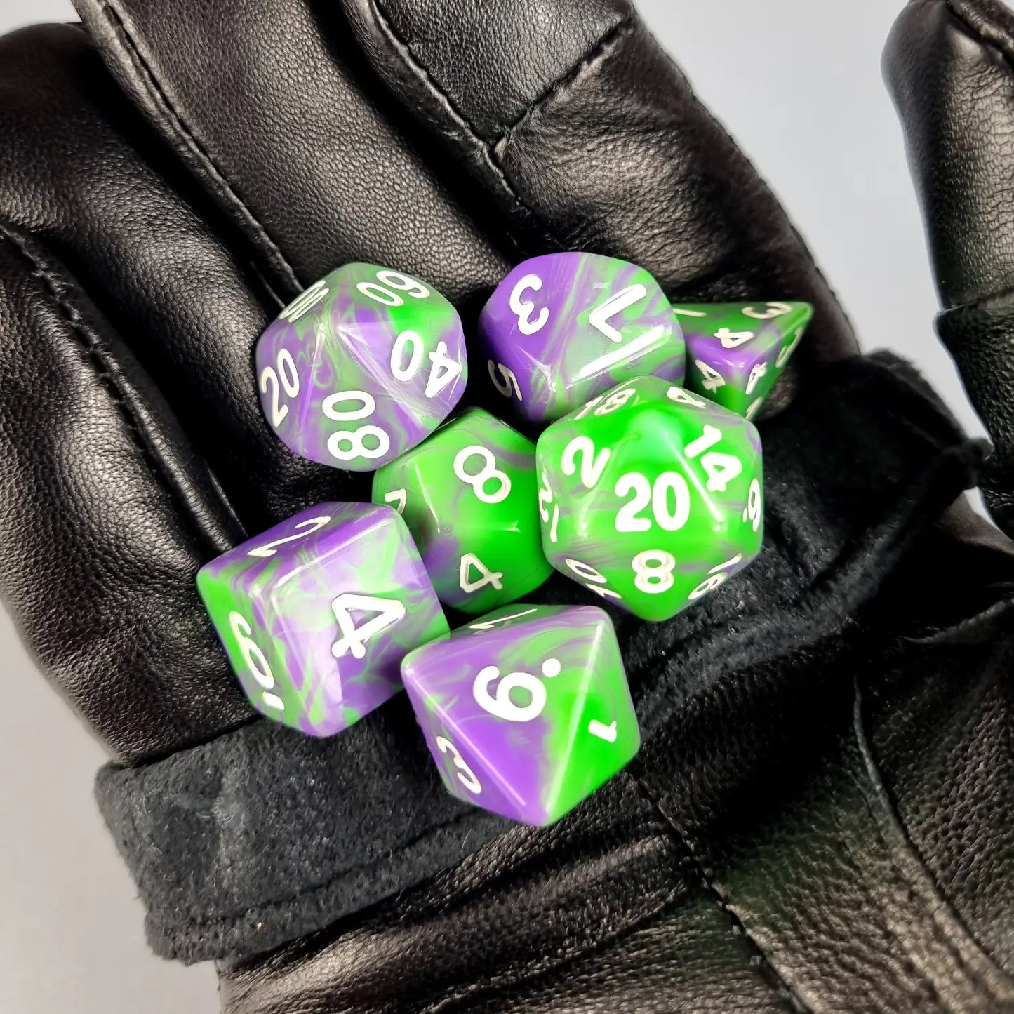 Purple & Green Dual Swirl Dungeons & Dragons Dice Set DiceBag.co.uk